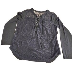 Black Lace Long Sleeve Shirt Womens Large Lace Up‎ Top Boho Goth Festival Style